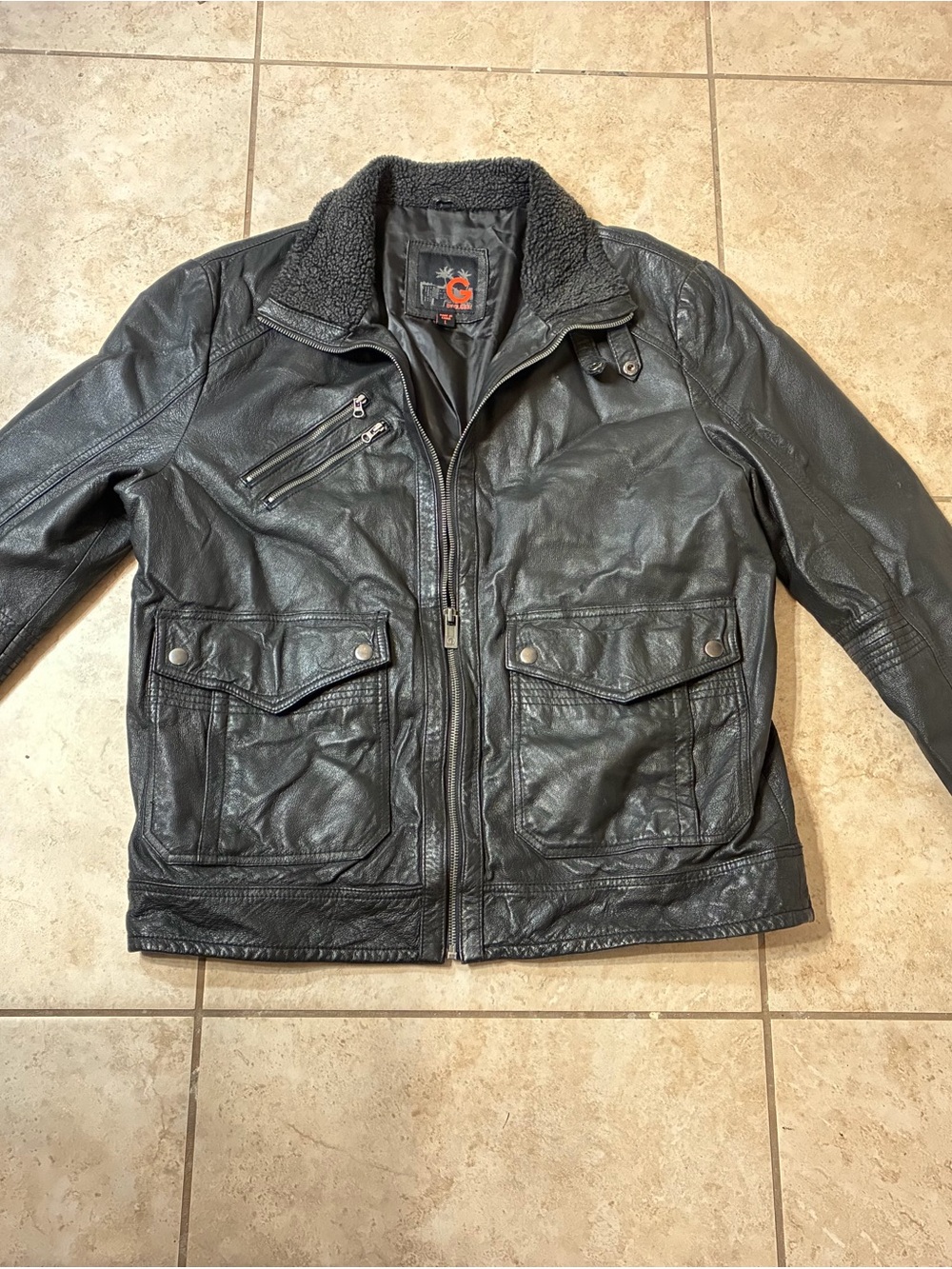 G by Guess Black Leather Bomber with Sherpa Collar
